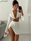 Macheda летний белый модный тонкий комплект для женщин Сексуальная рубашка с длинным рукавом и высокая юбка мини уличный повседневный комплект из двух предметов