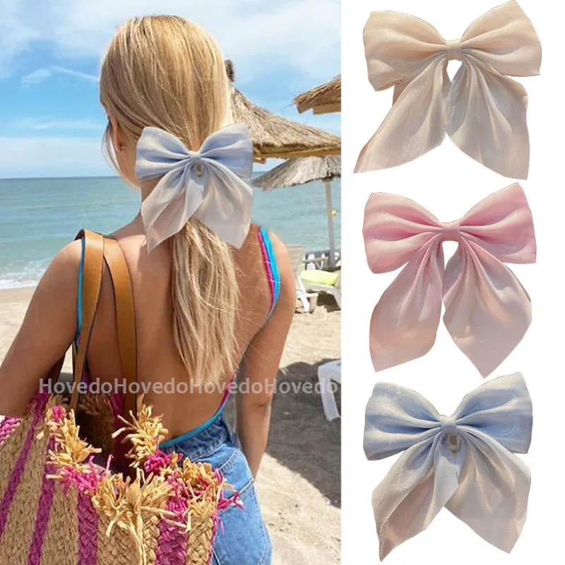 

2022 New Bow Hair Clip Summer Chiffon Big Bowknot Stain Bow Barrettes Women Solid Color Hairpin Ponytail Clip Hair Accessories