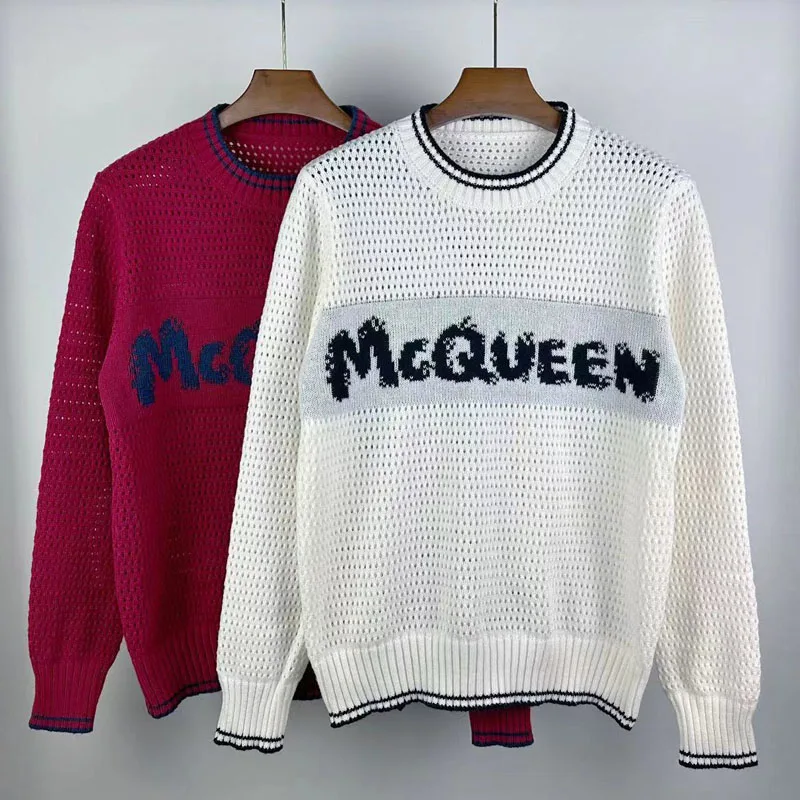 

Men Women Roundneck Jacquard Letter McQueen Sweater Korean Harajuku Style Casual Knitwear Black White Color Contrast Pullover