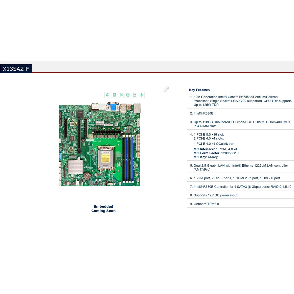 

X13SAZ-Q For Supermicro Embedded Motherboard 12th Generation Core i9/i7/i5/i3 LGA-1700 DDR5-4000MHz Q670E