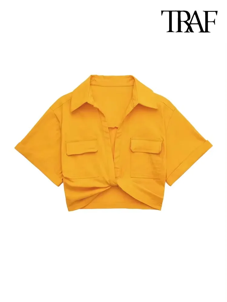 Блузка женская льняная эластичная с бантом спереди коротким рукавом и карманами