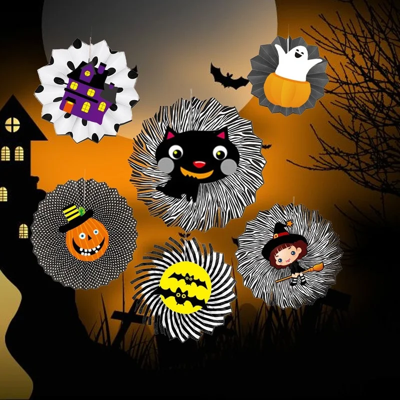Halloween Decoration Venue Layout Bar Kindergarten School Party Wall Decoration DIY Paper Fan Flower Home Decoration Supplies