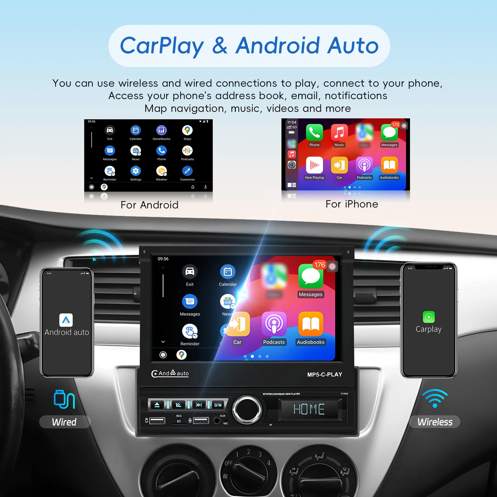 Фото Podofo 7-дюймовый IPS сенсорный экран Автомобильный радиоприемник Carplay Android Авто USB зарядка FM/RDS BT EQ USB Автоматический выдвижной экран Автомобильная стереосистема №3