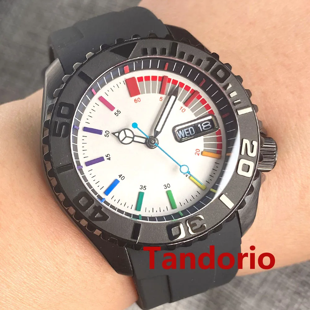 

41mm NH36A Auto Movement Colorful Marks Black Dial Sapphire Glass Black PVD Mens Watch Luminous Ceramice Bezel 3.8 o'clock Crown