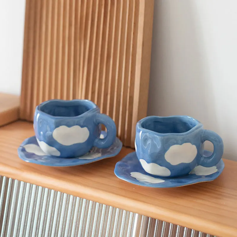 Hand Painted The Blue Sky and White Clouds Coffee Cup With Saucer Ceramic Handmade Tea Cup Saucer Set Cute Gift For Her