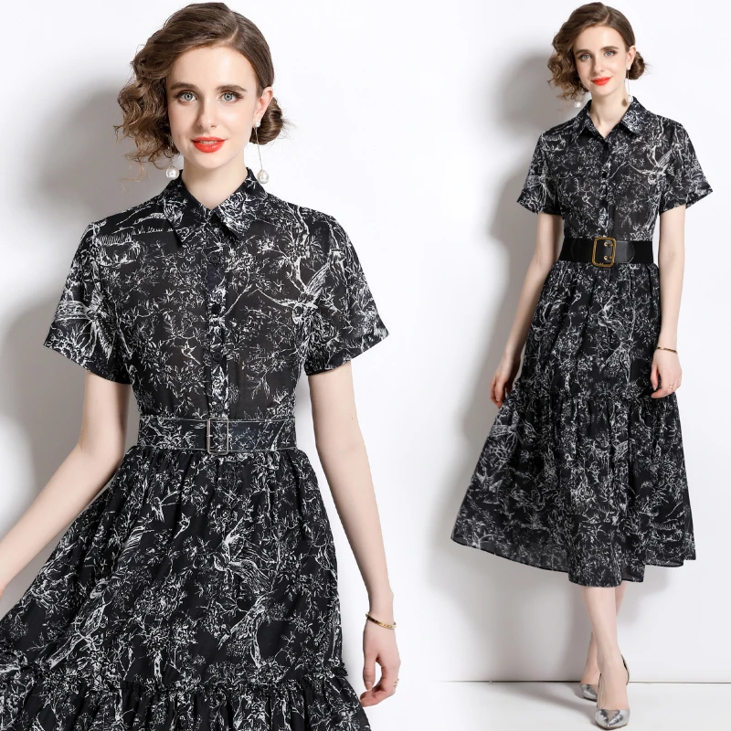 

Women's Summer New Korean Premium Style Polo Neck Short Sleeve Single Breasted Slim Fit Ink Print Fashion Shirt Dress with Belt