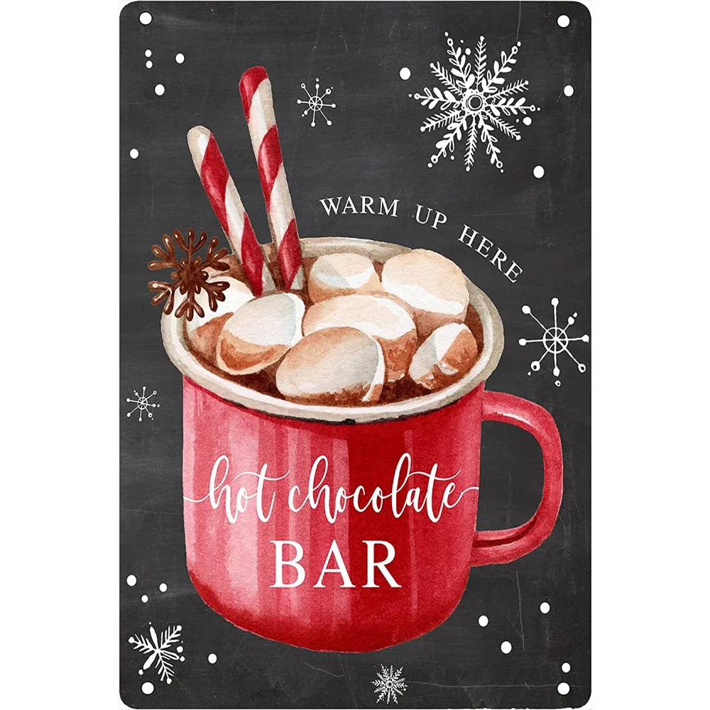 

Warm Up Here Hot Chocolate Bar Metal Tin Sign Kitchen Decorative Cafe Bar Home Metal Plate Wall Decor Restaurant Wall