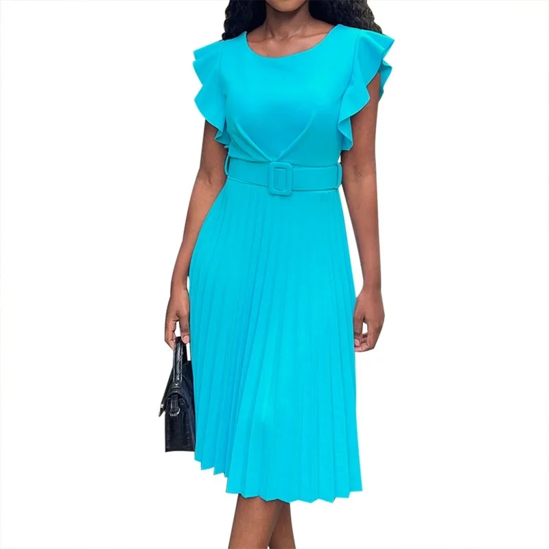 

2022 Summer Elegent African Women Sleeveless Yellow White Pink Red Pleated Knee-length Dress African Dresses for Women With Belt