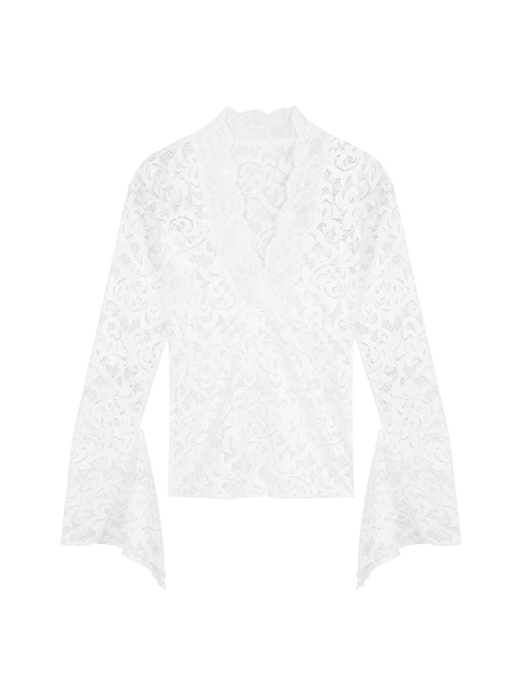 MiiiiX белая полая кружевная рубашка с v-образным вырезом и длинными рукавами