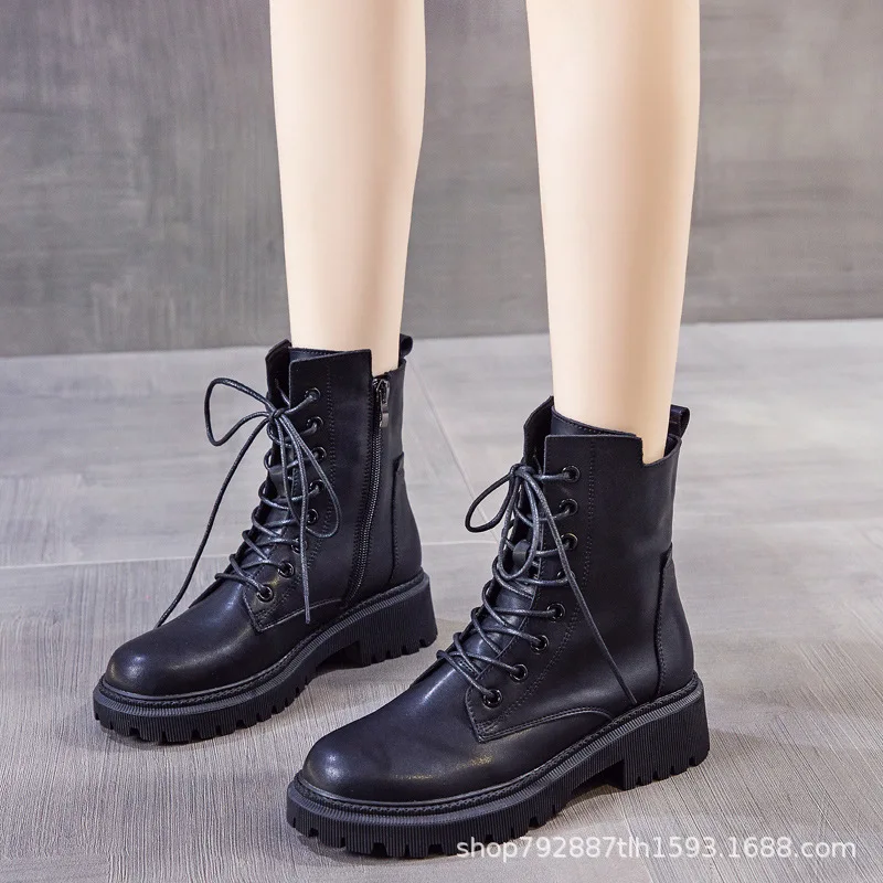 Leather Women's Boots Women Thick-soled Thin Section Spring and Autumn New Single  Breathable Short  Wild Tide