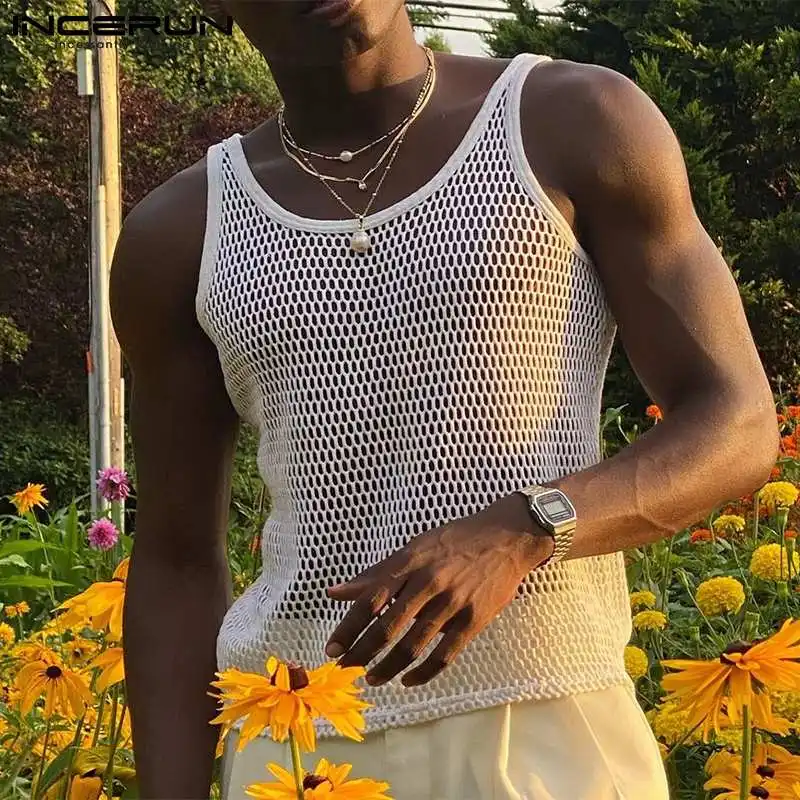 

INCERUN Men Mesh Tank Tops Solid Color Transparent O-neck Sleeveless Breathable Vacation Vests 2022 Streetwear Summer Tops S-5XL