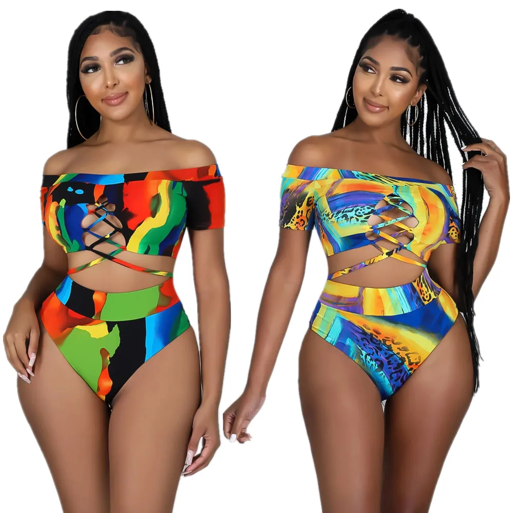 

2022 Neon Dyeing Print Bikini Set Summer Off The Shoulder Design Women's Swimwear Sexy Female Bathing Suits High Waisted Biquini