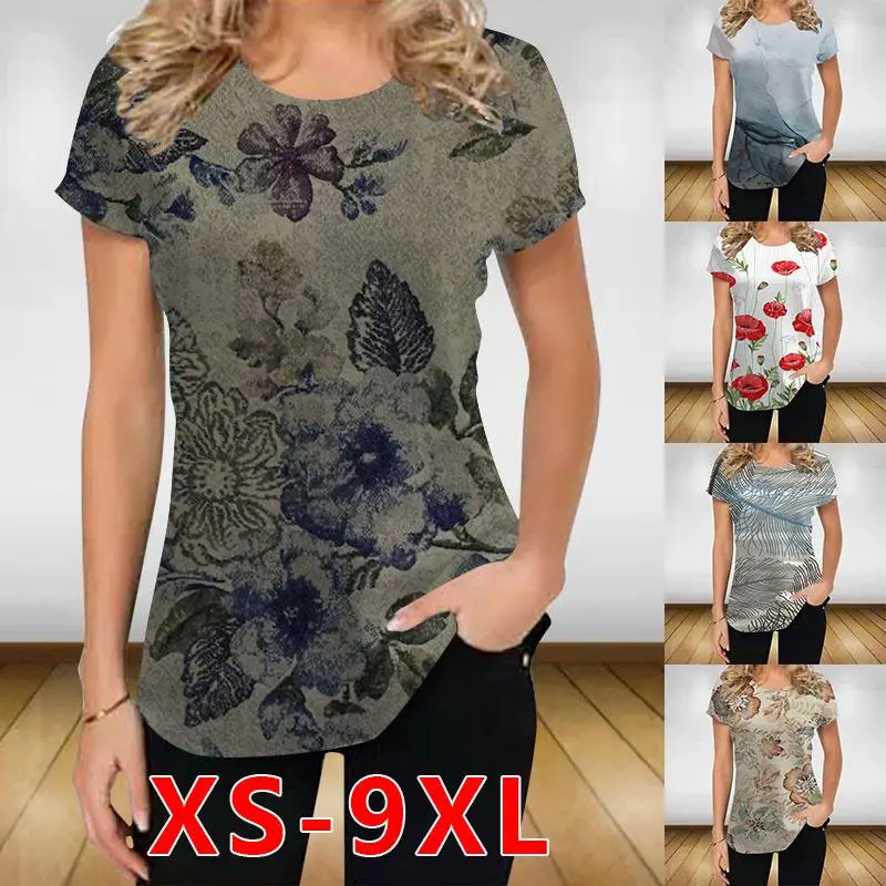 

Women's 2022New Fashion Short Sleeve Printed Casual Tops Summer Tops Plus Size XS-9XL