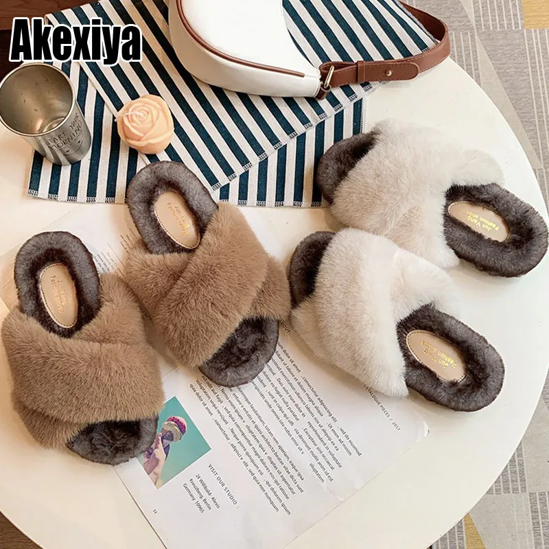 

Warm fluffy slippers women's plush slippers comfortable faux fur cross indoor floor slippers flat soft fur shoes ladies women