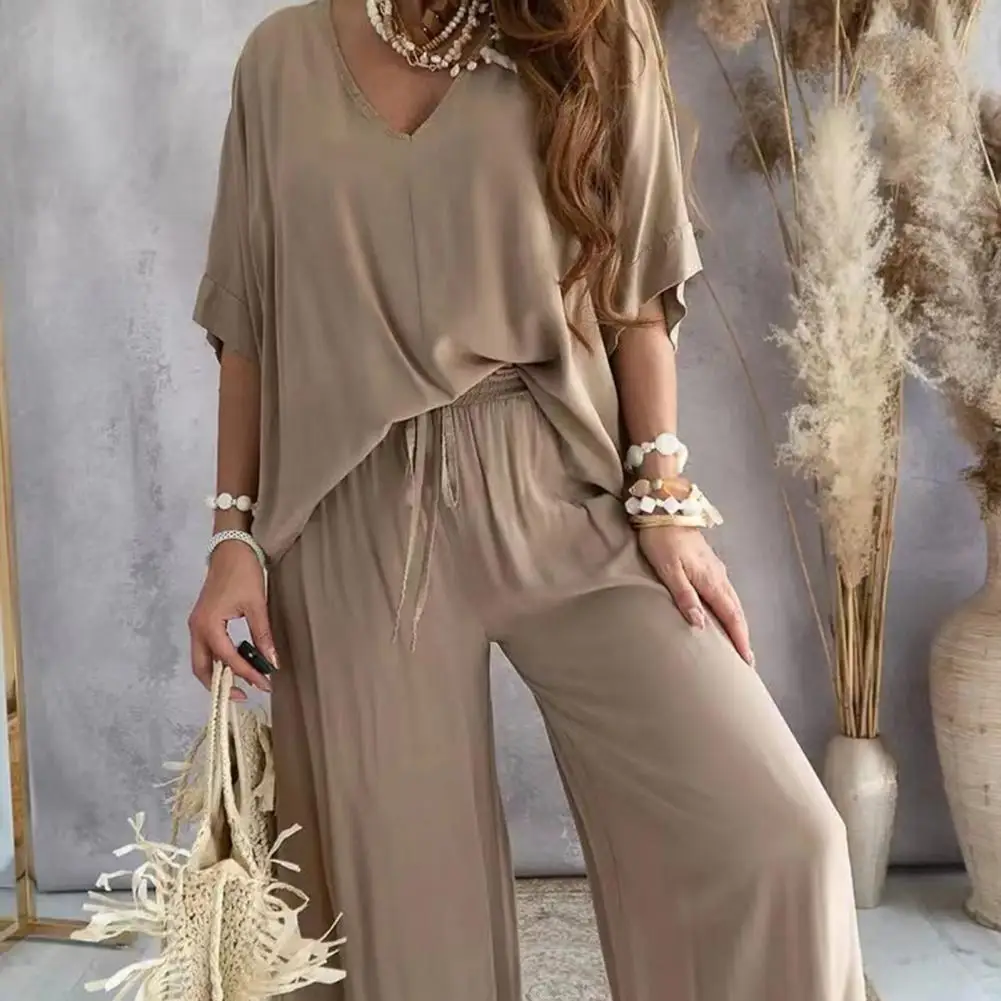 

2Pcs/Set Women Tops Pants Set V-neck Batwing Half Sleeve Tops High Waist Women Casual Outfit Wide Leg Long Pants