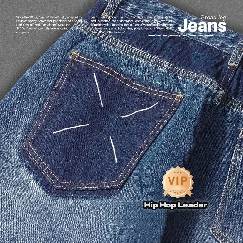 

Hip Hop Leader Y2k Denim Fabric Thin Men Loose Straight Pants Elastic Drawstring At Waistvintage Blue Wide Leg Jeans Color Coll
