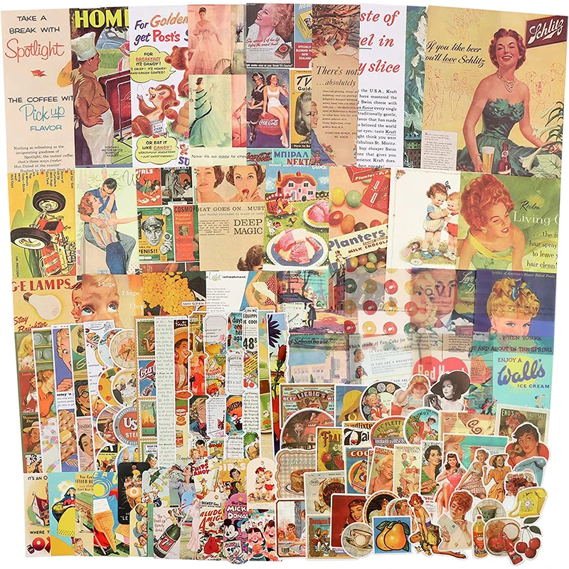 

100Pcs/Pack Vintage Scrapbook Supplies for Bullet Journaling Art Junk Journal Ephemera Planners DIY Stickers Craft Paper Kits