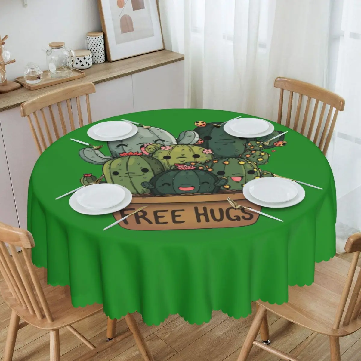 

Round Waterproof Cute Cartoon Cactus Green Plants Table Cover Tropical Succulent Tablecloth for Dining 60 inches Table Cloth