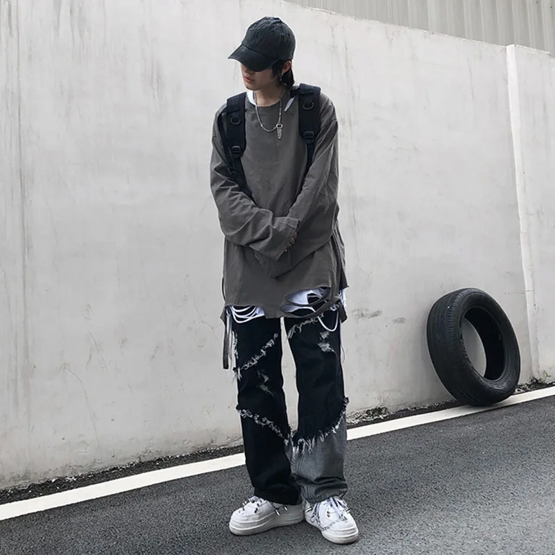 FEWQ Tassel Men's Y2k Jeans Stitching Color High Street Male Straight Denim Trousers Retro 2023 Summer Hip Hop New Pants 24B2493