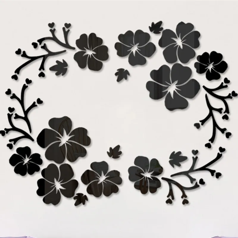 

European Style Home Decoration Wall Stickers Fashion Hibiscus Flower Acrylic Mirror Stickers Bedroom Living Room Decoration 2022