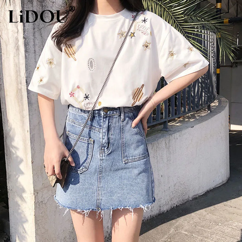 

2023 Summer New Pure Cotton All-match T-shirt Round Neck Pullovers Bright Silk Tops Women Embroidered Fashion Female Clothing