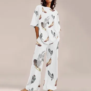 2023 Summer Women'S Trousers Suit Feather Fashion Loose Short Sleeve Two Piece Suit Striped Cotton Linen T-Shirtwild  Pant Sets 1