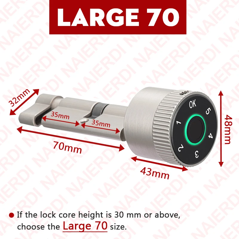 

NAIERDI Smart Lock Cylinder Tuya App Отпечаток пальца Пароль Разблокировка Электронный дверной замок Обновление ядра для механического домашнего замка