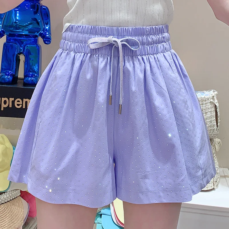 European Goods Summer New Heavy Hot Diamond Elastic Waist Casual Shorts 2023 Summer New Fashion Sweet Elegant Shorts for Women