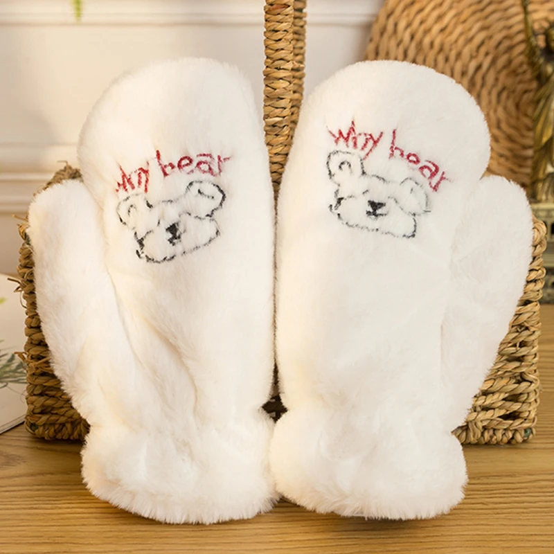 

Thicken Fluffy Bear Gloves Cute Embroidery Bear Plush Claw Fingerless Gloves Winter Warm Soft Glove Full Finger Mitten Women