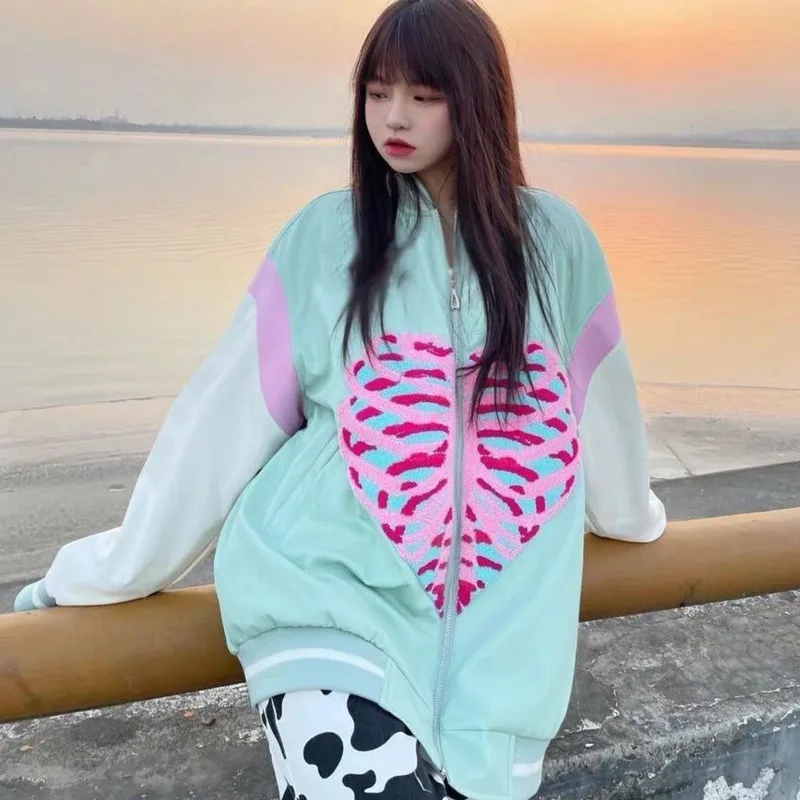 2021 Autumn New Y2K Bomber Jacket Women Korean Fashion Heart-shaped Print Sweet Streetwear Clothing Zip Up Baseball Coat Outwear