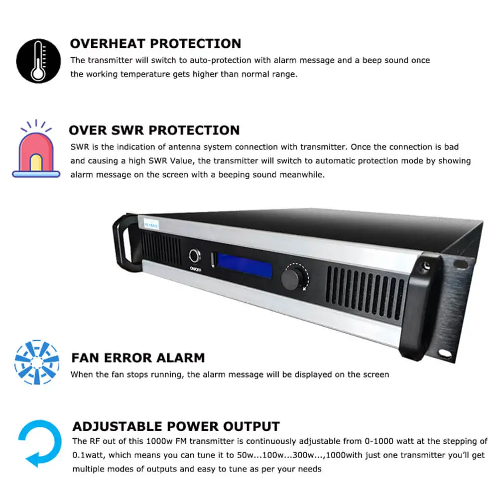 Высокомощное FM радио для вещания 1000 Вт с внешней антенной и комплектом кабелей |