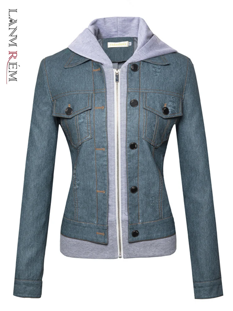 

LANMREM Korean Patchwork PU Leather Coat For Women Hooded Zipper Long Sleeves Contrast Color Coats 2023 Autumn New 2YA4006