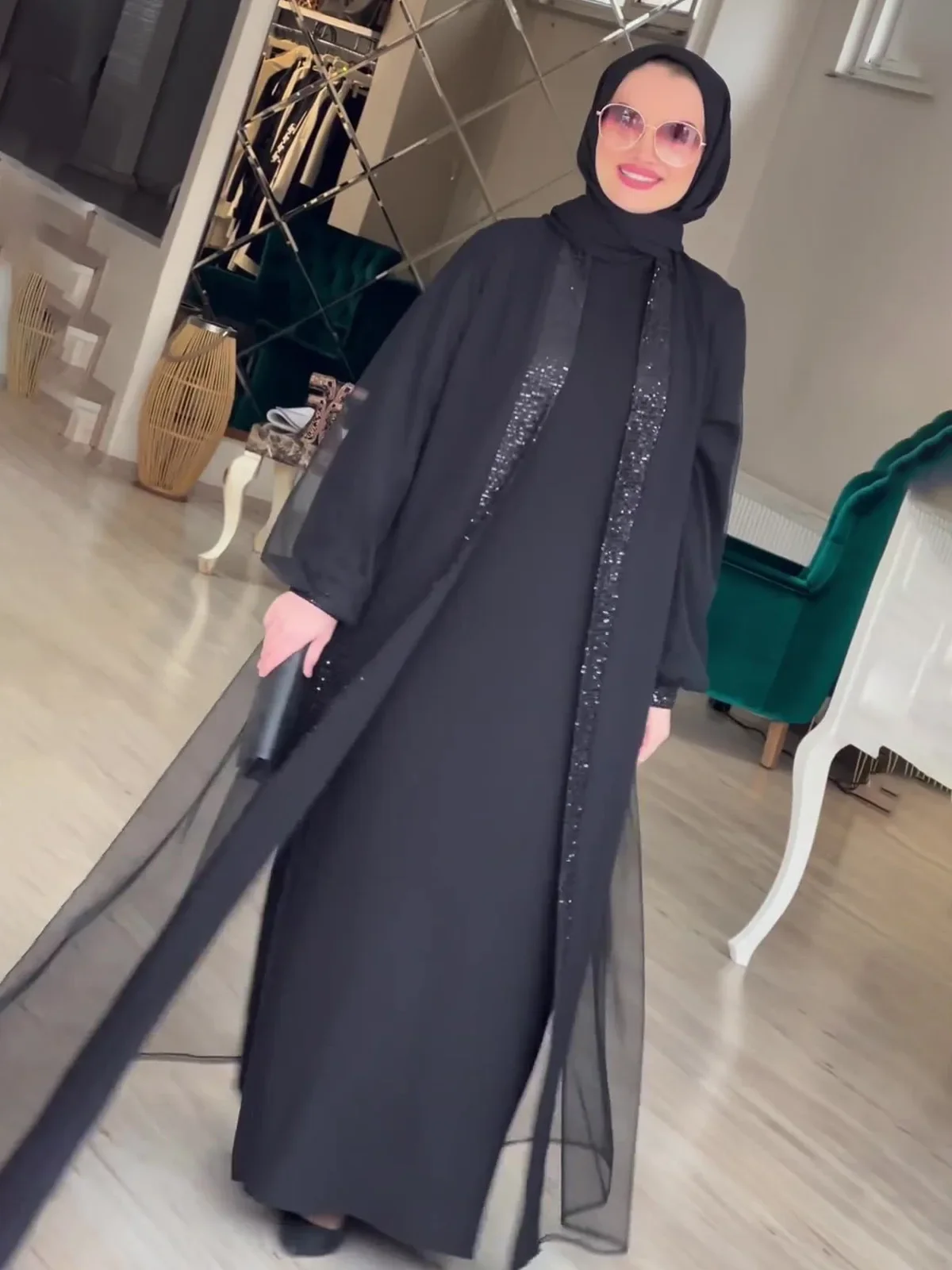 Фото Мусульманское скромное женское платье Jalabiya Vestidos Eid Рамадан арабский длинный халат Дубай мусульманский марокканский кафтан Abayas кардиган платья 2024 №3