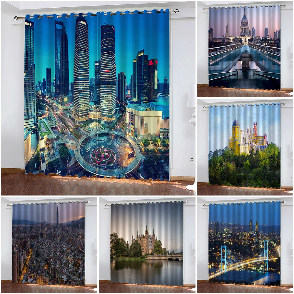

Cityscape 3D Printing Curtains Woven Blackout Curtains Biparting Open Scenery Curtains for Living Room Cortina De Sombra カーテン