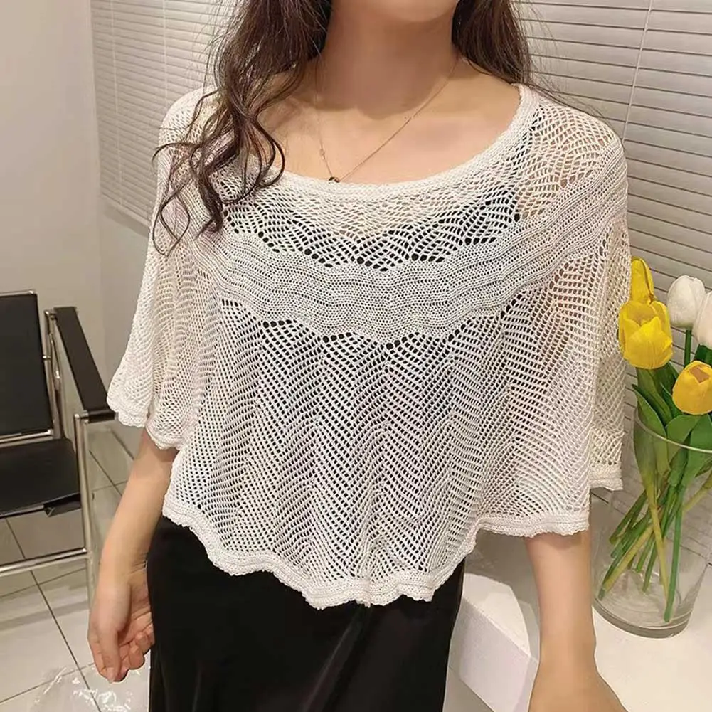 

Women Crochet Tops Hollow Out Cotton Shrug Poncho Shawl Wrap Loose Crewneck Summer Beach Cover Up Shoulders Warm Shawl Pullover