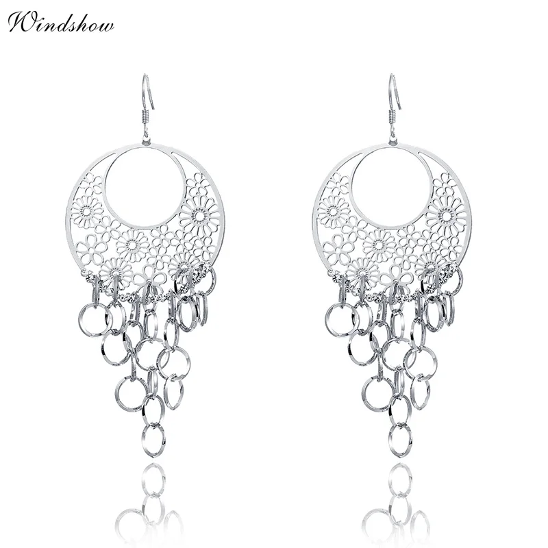 Black or White Big Filligree Disc Charms Multi Circles Linked Drop Chandelier Dangle Long Earrings For Women Girls Jewelry Aros | Украшения