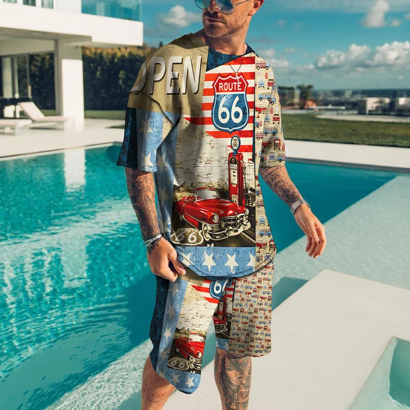 

Vintage Route 66 2023 Summer 3D Printed Mens T-shirt Shorts Sets Mens Tracksuit O-Neck Short Sleeve Mens Clothes Suit 2-piece
