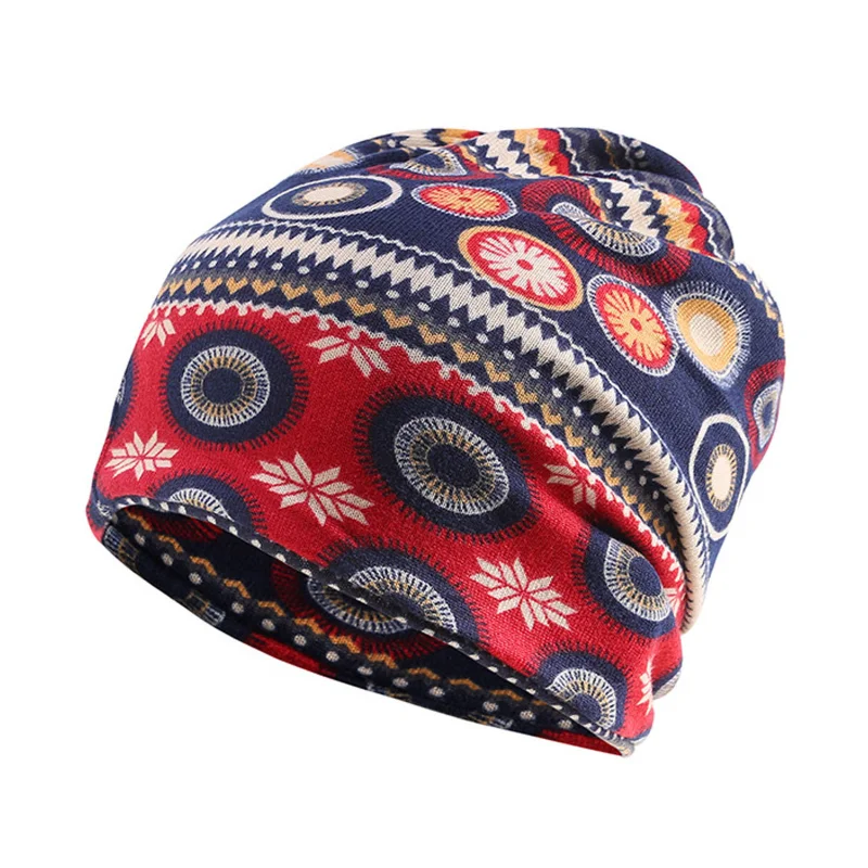 Boho Winter Beanie Skullies Hats Bohemian style Vintage Bonnet For Women Lady Men Female Stretch Elastic Ear Protect Cotton