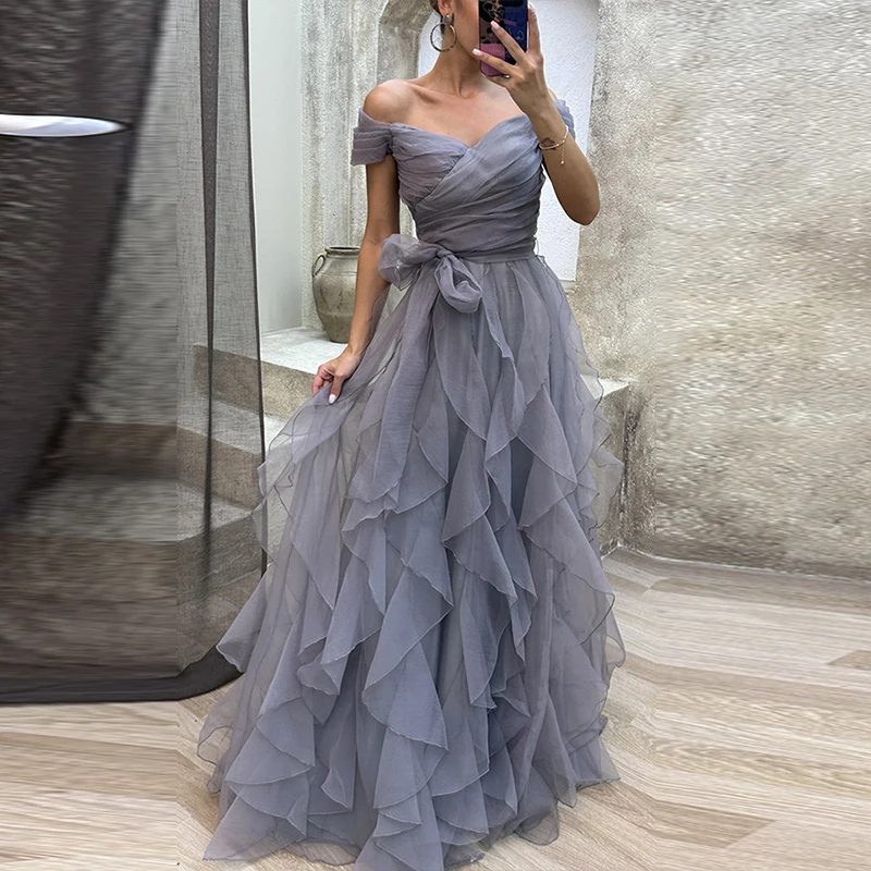 

Модное однотонное свадебное вечернее платье с открытыми плечами и талией, женское элегантное Сетчатое строченное платье, шикарное женское платье макси на шнуровке