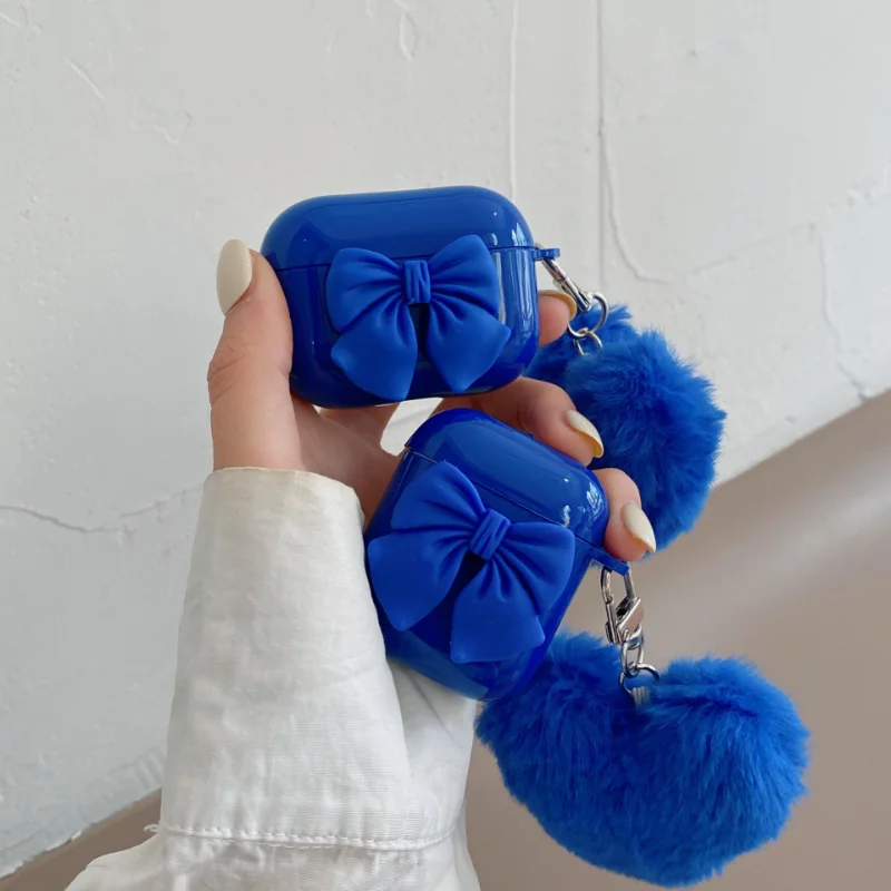 Cute Bowknot Soft Earphone Case Lovely Luxury Klein Blue Furry Heart For Airpods 1 2 Air Pod Airpodscase 3 With Keychain enlarge