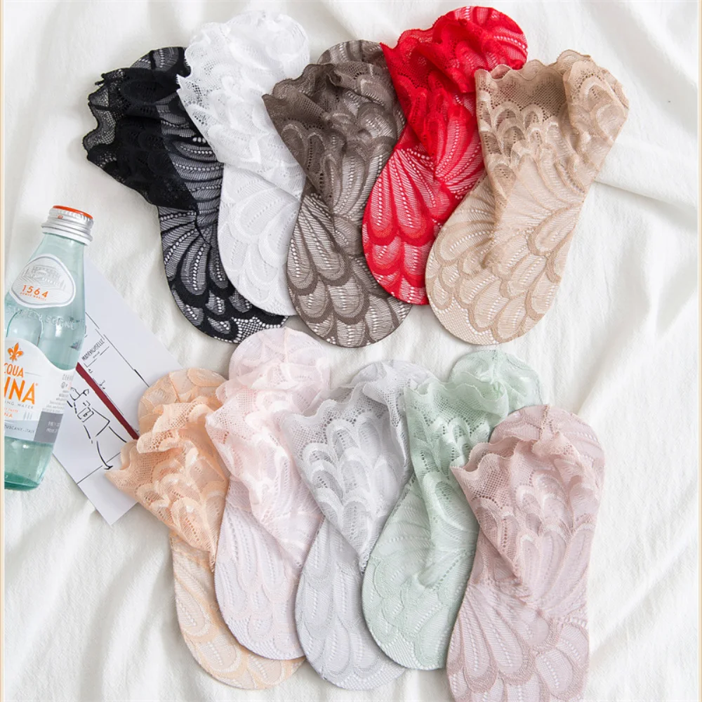Women Lace Flower Mesh Socks Non-slip Invisible Liner Sock Female Elastic Comfy Thin Transparent Breathable Ankle Socks