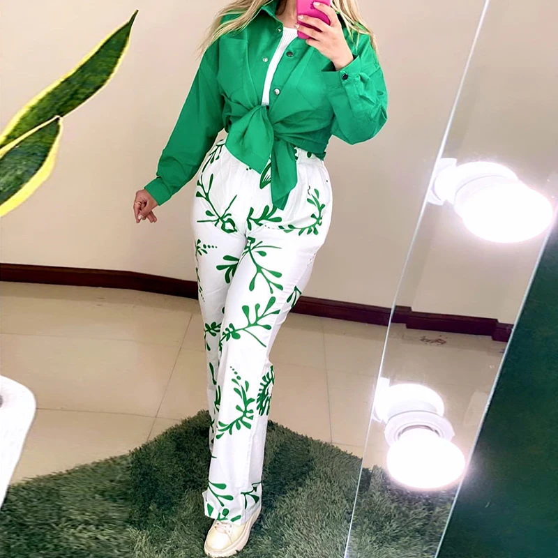 

Female Lapel Single-breasted Shirts+Print Wide Leg Pant Set Elegant Casual Two Piece Set Autumn Spring Temperament Loose Outfits