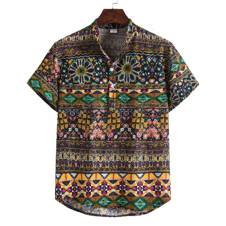 

Hawaiian Men's Flower Sleeve Short Turtleneck Shirt Men's Shirt Cardigan Beach Men Shirts Suede Shirt Men