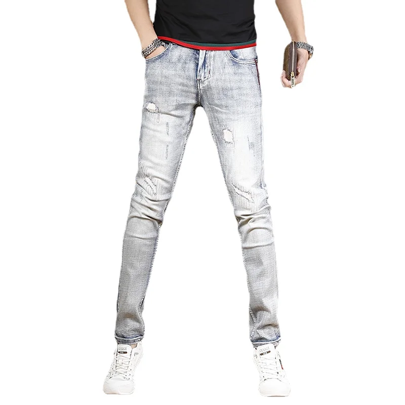 Autumn Vintage Ripped Jeans Men Light Blue Slim Fit Straight Pants Streetwear Casual Scratched Denim Trousers