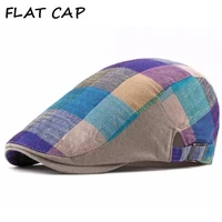 flat cap men summer hat cotton linen male female beret hat spring summer colorful plaid unisex adjustable peaked flat brim cap