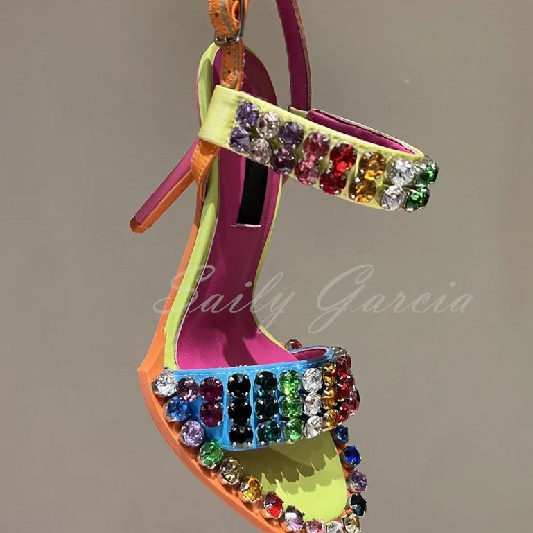 Rainbow Rhinestone High Heel Sandals Women Round Toe Buckle Strap Thin High Heel Bling Bling Crafted Crystal Banquet Dress Shoes