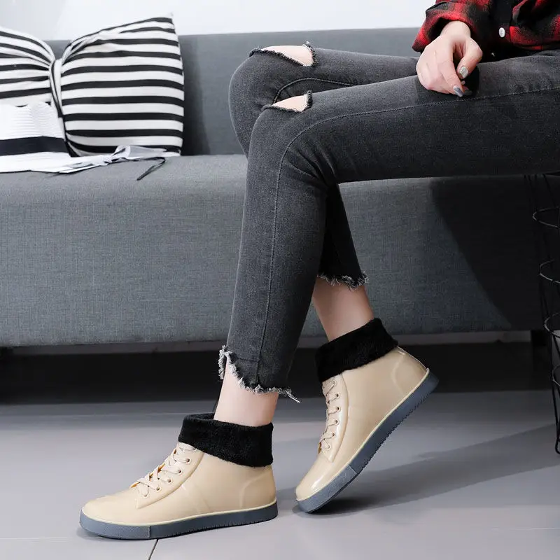 Fashion Student Water Boots for Rain High Top Ankle Galoshes 2023 New Casual Lace Up Oxfords Plain Rubber Boots Women's Rainboot