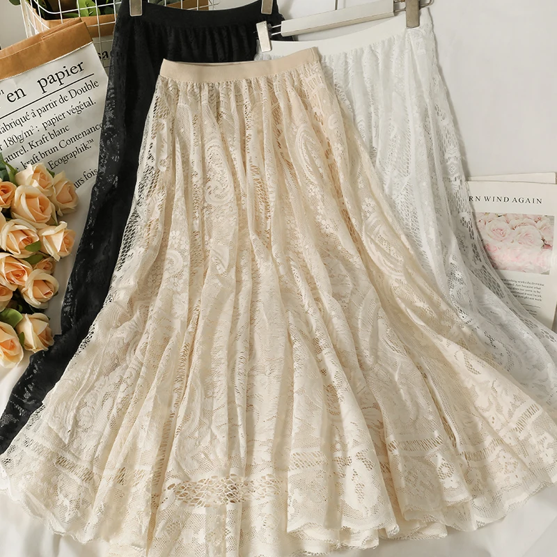 

Summer Korean All Match Lace A Line Women Skirt Hollow Out Croche Elegant Temperament Elastic High Waist Solid Mujer Faldas