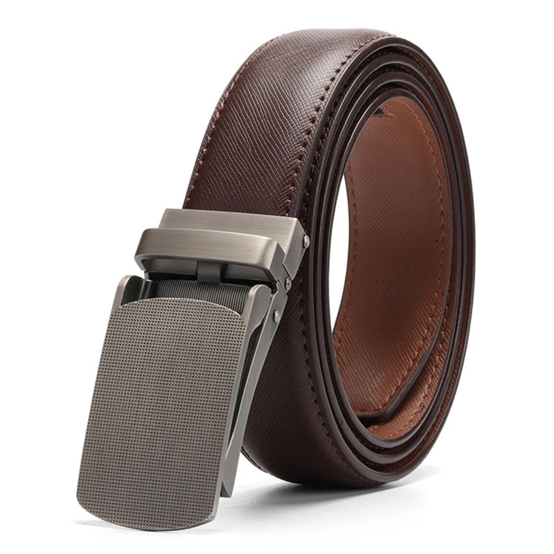 Mens Automatic Buckle Leather Belt 100% Genuine Leather Belts Leisure Ratchet Belts for Men Pants Waistband