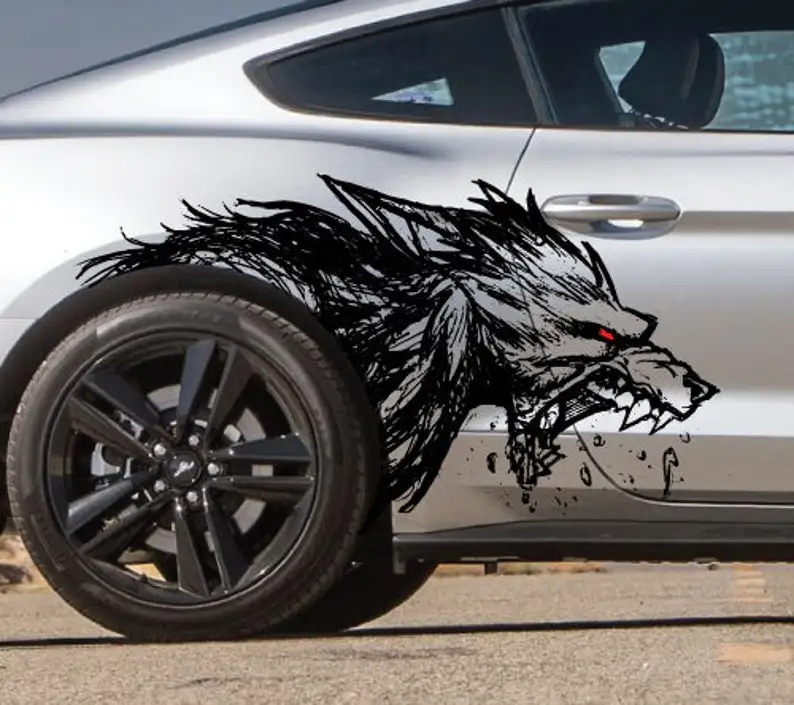 

Fits Mustang F-150 Ranger Coyote Wolf Tattoo Grunge Design Tribal Door Bed Side Pickup Vehicle Truck Car Vinyl Graphic DS / PS D